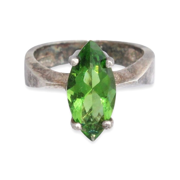 Vintage Badavici Marquise Emerald Green Glass Sterling Silver Ring Size 6 - Picture 2 of 6